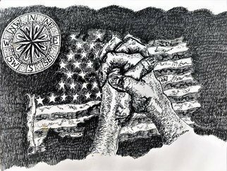 Stephen Vattimo; Heal Our Land, 2019, Original Drawing Ink, 15 x 25 inches. Artwork description: 241 Ink on sketchbook papersubject: illustration for the national paperSize : 11  x 14 Date: 10 20 2017 Artist: Stephen J. VattimoThis ink illustration was created for a pumpkin design for a carving contest.The hands grasped tightly in prayer. The national flag in tatters, representing ...