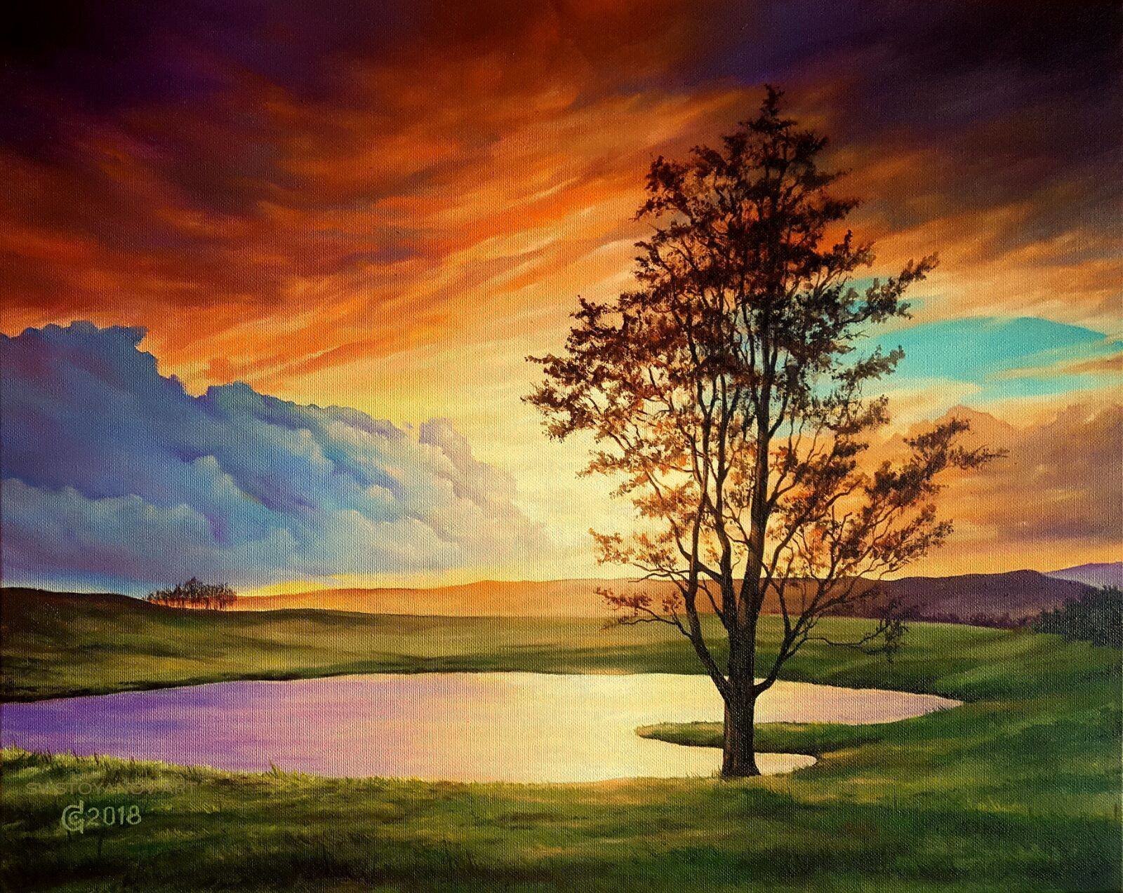 Svetoslav Stoyanov; Piece Of Heaven, 2018, Original Painting Oil, 20 x 16 inches. Artwork description: 241 landscape, sunset, realism, fine art, original oil painting, blue clouds, orange sky, lake, tree...