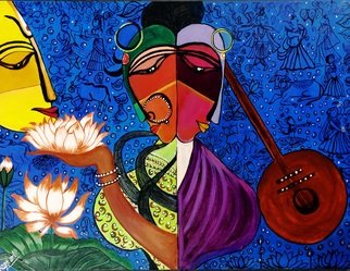 Rajni Ayapilla; Radha Krishna Meera, 2018, Original Painting Acrylic, 24 x 16 inches. Artwork description: 241 One Radha, One Meera both love Krishna. One is the symbol of love and other one is spiritually in love which makes them even more beautiful.  Ek Prem Diwani, Ek daras Diwani  Remember this song. Beautifully sung. It actually reflects the love both had for Krishna. Meera ...