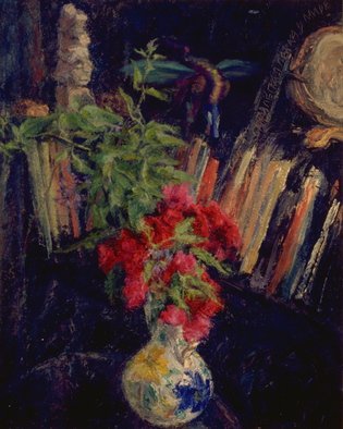 Sofia Wyshkind; Roses For Ura, 1996, Original Painting Oil, 14 x 18 inches. Artwork description: 241   Roses and book shelf ...