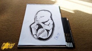 Syed Waqas  Saghir; Baby In Womb Charcoal Drawing, 2018, Original Drawing Charcoal, 40 x 33 inches. Artwork description: 241 Art is a fruit that grows in man, like a fruit on a plant, or a child in its mother s womb.Art dYZ