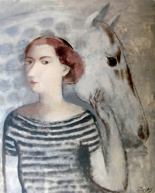 Stanislav Zvolsky; With Friend, 2008, Original Painting Oil, 100 x 80 cm. Artwork description: 241   oil, painting, DSeagulls, the sea, a breakfast, the young girl, morning, portrait, with friend, Horse, love, Grey in apples, striped,   ...