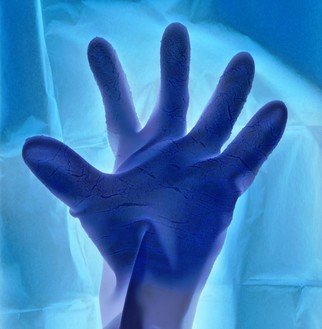 Tamarra Tamarra; RUBBER HAND, 2018, Original Photography, 14 x 11 inches. Artwork description: 241 Color abstract photograph of a hand in a rubber glove.  Human, hand, blue, rubber glove...