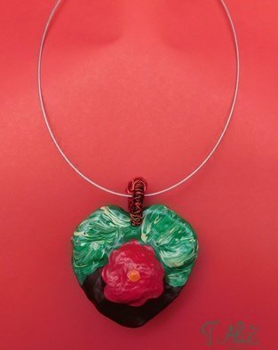 Tatjana Alic; Handmade Necklace, 2019, Original Jewelry, 50.5 x 5.5 mm. Artwork description: 241 Brown pendant  heart  with red flower...