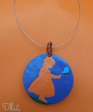 Tatjana Alic; Handmade Necklace, 2019, Original Jewelry, 60.2 x 60.2 mm. Artwork description: 241 Necklace: blue pendant with design  a girl and a butterfly ...
