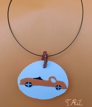 Tatjana Alic; Handmade Necklace, 2019, Original Jewelry, 60.2 x 40.2 mm. Artwork description: 241 Necklace: white pendant with design  a car ...