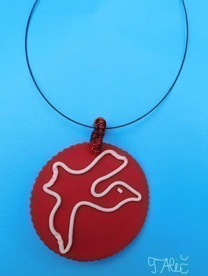 Tatjana Alic; Handmade Necklace, 2019, Original Jewelry, 50.2 x 50.2 mm. Artwork description: 241 Necklace:- red pendant with white design  bird - choker, black - colored...