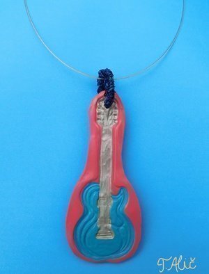 Tatjana Alic; Handmade Necklace, 2019, Original Jewelry, 30.2 x 75.2 mm. Artwork description: 241 Necklace:- pink pendant with blue design  guitar - choker, silver - colored...
