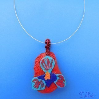Tatjana Alic; Handmade Necklace, 2019, Original Jewelry, 30.2 x 45.3 mm. Artwork description: 241 Necklace:- red pendant with colorful design  flower - choker, silver - colored...