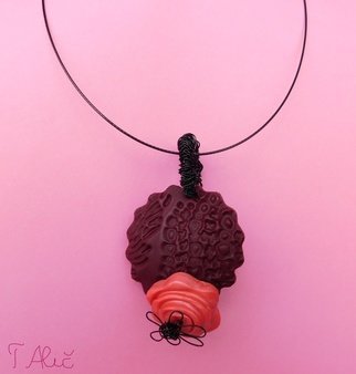 Tatjana Alic; Handmade Necklace, 2019, Original Jewelry, 35.9 x 40.9 mm. Artwork description: 241 Necklace:- dard red pendant with smaller pink design and wire- choker, black - colored...
