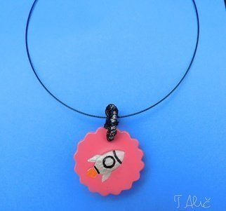 Tatjana Alic; Handmade Necklace, 2019, Original Jewelry, 30.2 x 30.2 mm. Artwork description: 241 Necklace:- pink pendant with silver design: rocket- choker, black - colored...