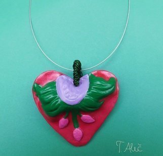 Tatjana Alic; Handmade Necklace, 2019, Original Jewelry, 60.9 x 55.9 mm. Artwork description: 241 Necklace:- pink pendant  heart  with design - choker, silver - colored...