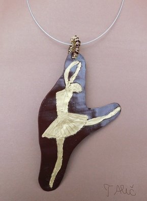Tatjana Alic; Handmade Necklace, 2019, Original Jewelry, 70.2 x 80.2 mm. Artwork description: 241 Necklace:- brown pendant with gold design  ballerina - choker, silver - colored...
