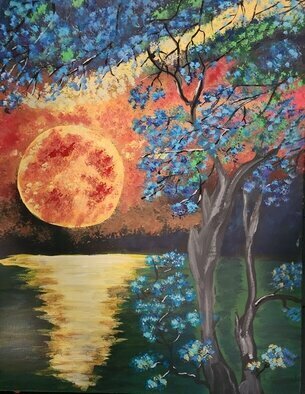 Sean Mahoney; Blood Moon, 2022, Original Painting Acrylic, 9 x 12 inches. Artwork description: 241 This boldly colored painting of a full blood moon reflected over water demands your attention, and a closer look.  Blurring the lines of impressionism, landscape painting and abstract landscape painting, this piece will appeal to fans of multiple artistic styles. ...