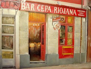 Tomas Castano; Bar Cepa Riojana, 2009, Original Painting Oil, 61 x 46 cm. Artwork description: 241 facade typical bar spanish...
