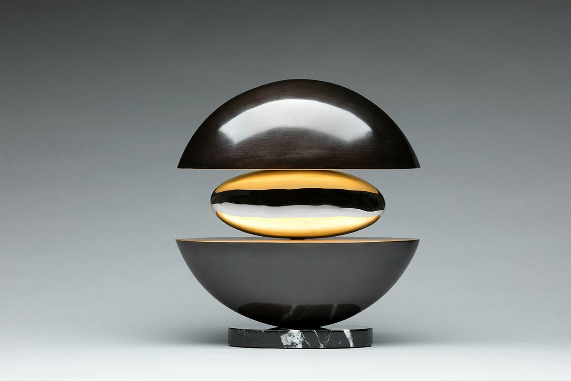 Ted Schaal; Rise I, 2018, Original Sculpture Bronze, 11 x 11 inches. Artwork description: 241 Elegant round abstract sculpture that combines Bronze, mirror polished stainless steel and 24 karat Gold leaf. ...