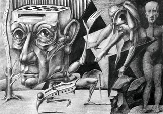 Temo Dumbadze; Going Away, 1997, Original Drawing Pencil, 41 x 29 cm. Artwork description: 241  Going away, pencil on paper. 41cmx29. 7cm, drawing in 1997. surrealism.bank transfer only.       ...