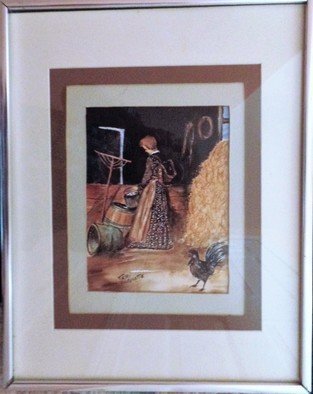 Teri Paquette; Gathering Eggs, 2020, Original Watercolor, 11 x 14 inches. Artwork description: 241 ORIGINAL WATERCOLOR FEATURES A LADY GATHERING EGGS IN BARN- WITH HAY- CHICKEN- TOOLS- UNDER GLASS- QUALITY SILVER FRAMED- SIGNED...