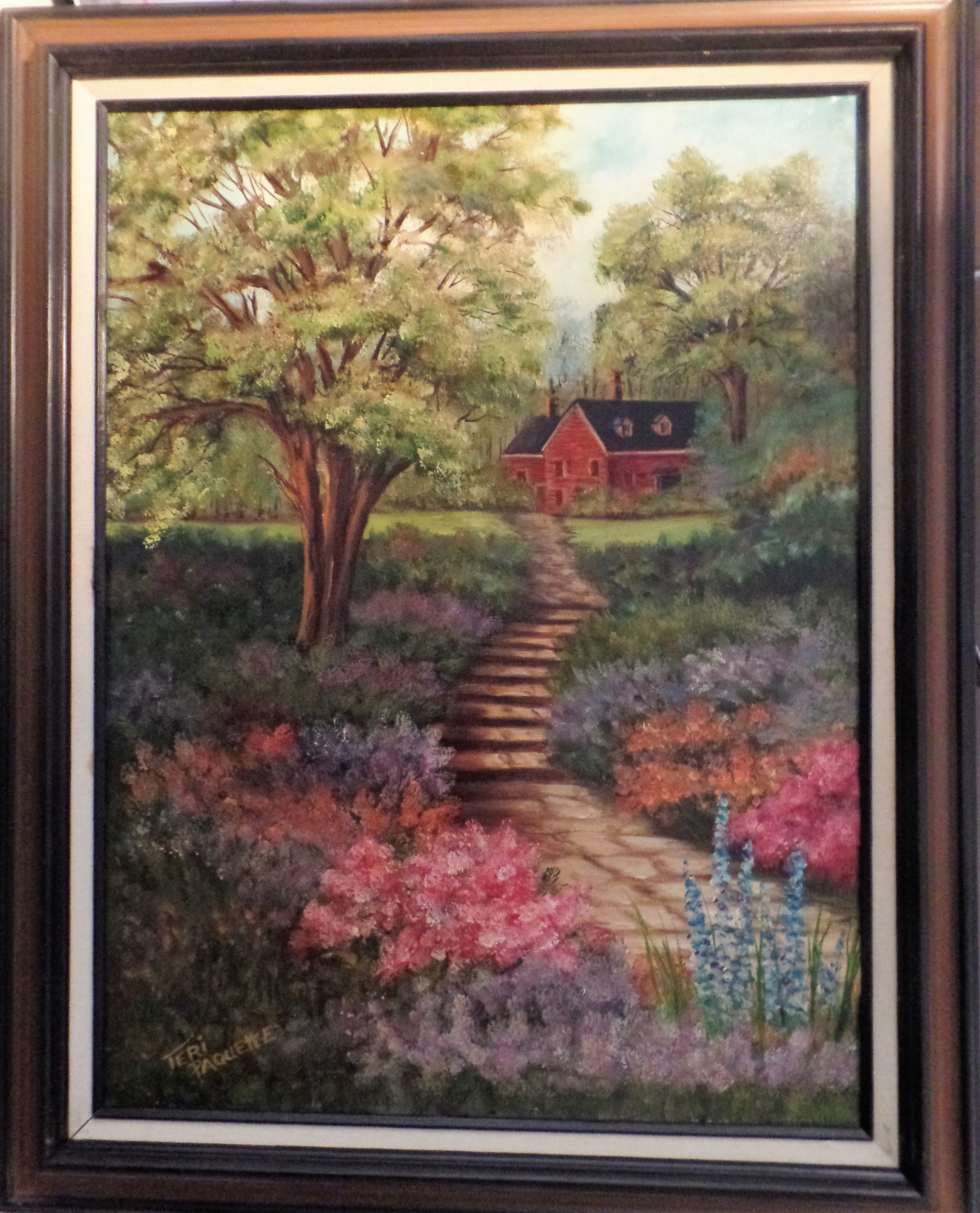 Teri Paquette; Home Garden, 2020, Original Painting Oil, 23 x 28 inches. Artwork description: 241 ORIGINAL OIL FEATURES A PATH TO HOME WITH FLOWERS- TREES- HOME IN BACKGROUND- SIGNED- FRAMED- - VARNISHED...