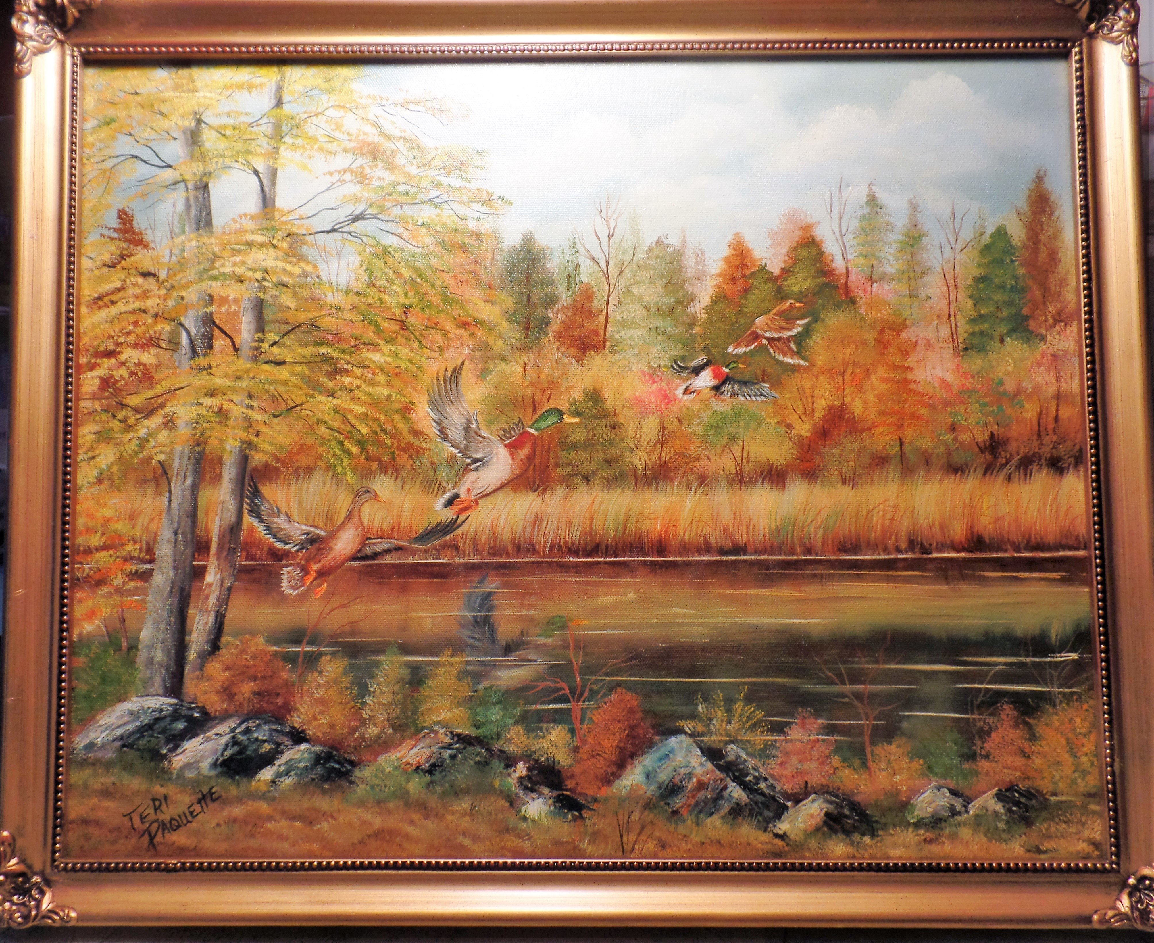 Teri Paquette; Mallards In Flight, 2019, Original Painting Oil, 22 x 18 inches. Artwork description: 241 I OFTEN TAKE LONG WALKS AND THIS SIGHT WAS A WELCOME SIGHT- IT IS AN ORIGINAL OIL PAINTING IN A ORNATE GOLD FRAME- SIGNED...