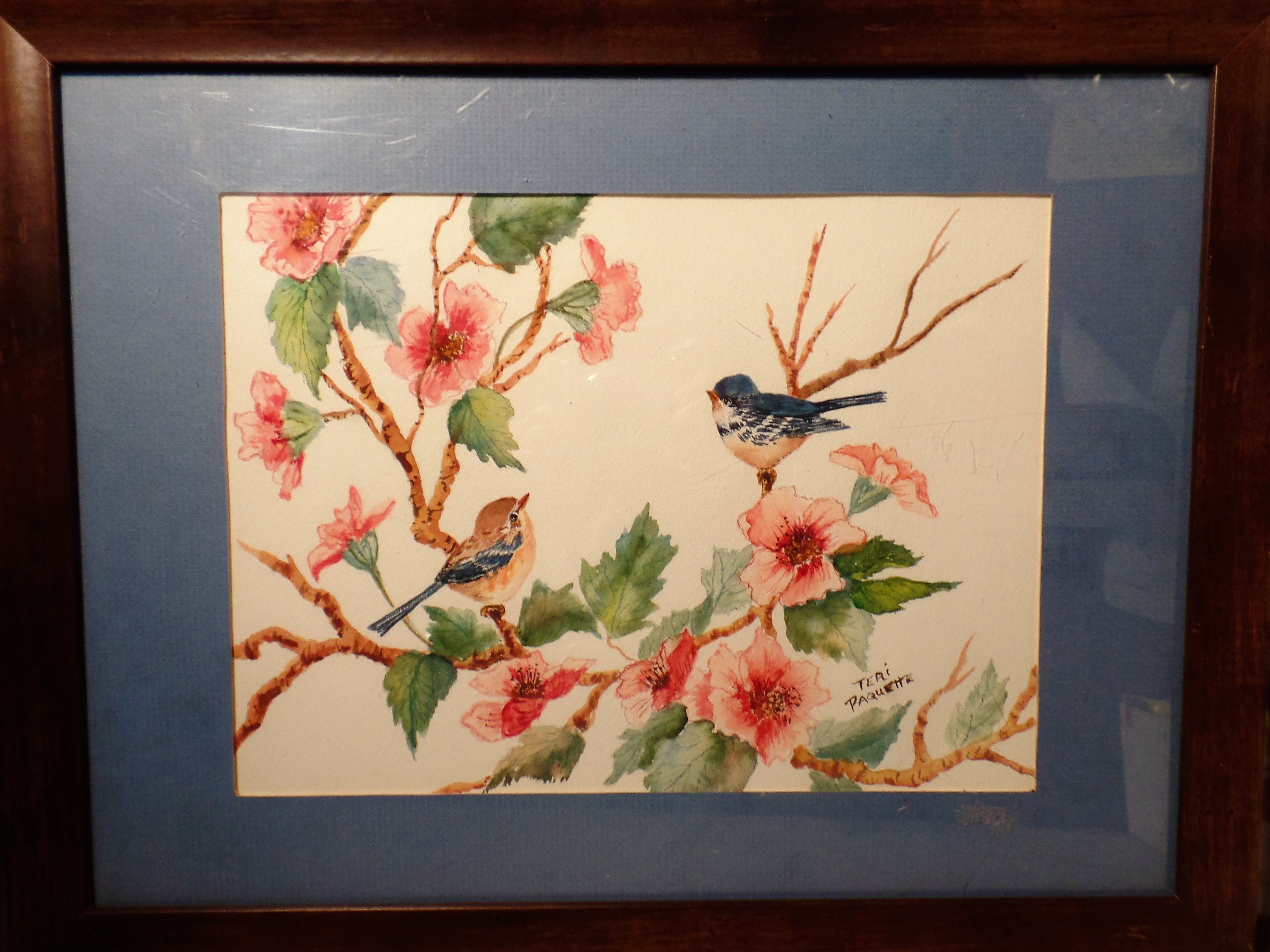 Teri Paquette; Pair Of Bluebirds, 2019, Original Watercolor, 21 x 15 inches. Artwork description: 241 ORIGINAL WATERCOLOR- MAT- FRAMED- UNDER GLASS- TWO BLUEBIRDS IN TREE- SIGNED...