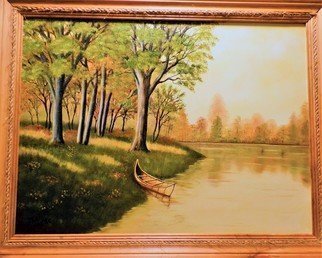 Teri Paquette; The Lone Canoe, 2018, Original Painting Oil, 28 x 22 inches. Artwork description: 241 THIS IS AN ORIGINAL OIL- WIDE FRAMED- SIGNED- FEATURES A SCENE FROM A VACATION- THE CANOE LOOKED LONELY ALL BY ITSELF...