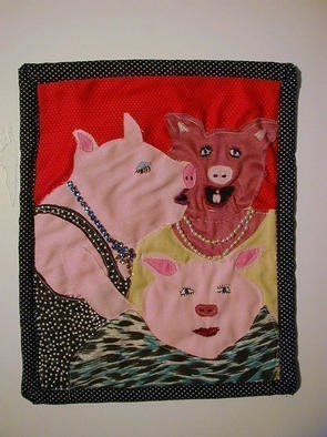 Terri Higgins, 'Pigs Night Out', 1998, original Fiber, 9 x 12  inches. Artwork description: 1911 Female pigs who don' t let the big bad wolf cramp their style.  Fabric, beads, rhinestones, quilted....
