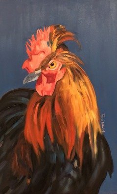 Terri Higgins; Marie Antoinettes Chicken 2, 2019, Original Painting Oil, 13 x 21 inches. Artwork description: 241 Marie Antoinette s Chicken number 2, Chicken, Marie Antoinette s chickens, French chickens, poultry, birds, Actual background color is more blue than it photographed as a gray. ...
