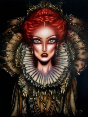 Tiago Azevedo; Queen Elizabeth I And The..., 2017, Original Painting Oil, 12 x 16 inches. Artwork description: 241 In this painting.  Her bejeweled red hair and smooth, pale complexion give no clue to her age, nor the scars from smallpox she had suffered at 29.  Her upright posture, open arms, and clear gaze all speak of vitality and strength, as does the crown to her ...