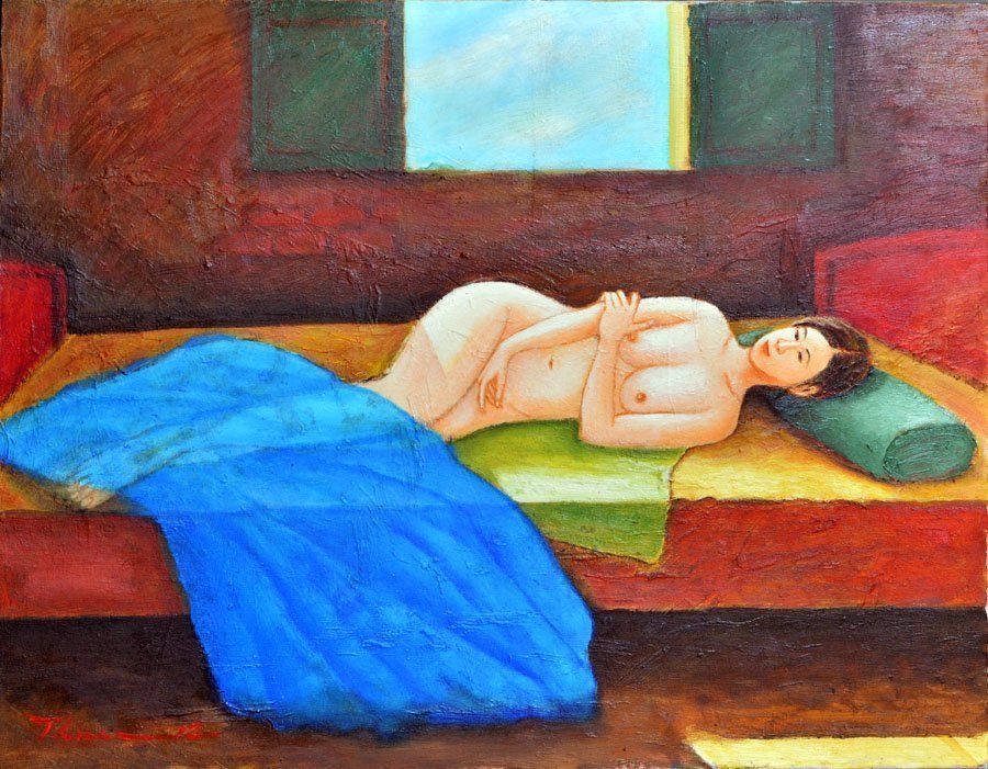 Nguyen Huu Thuan; A Girl On The Bed, 2012, Original Painting Oil, 72 x 56 cm. Artwork description: 241  I was inspired by countryside girl when I show her my painting photo, And then she willing to lie for me sketched in 2011 in Hoa Binh province. She is beauty and pure body make me paint again many times until I feel perfect mysefl ...
