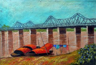 Nguyen Huu Thuan; The Long Bien Bridge, 2016, Original Painting Oil, 62 x 42 cm. Artwork description: 241 Long Bien bridge was made by French governor Paul Dume in 1898 - 1902.  It is crossing Red river from South to North of Hanoi city...