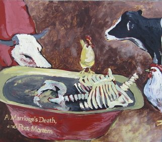E. Tilly Strauss; Death Of A Marriage, 2011, Original Mixed Media, 10 x 8 inches. Artwork description: 241   chicken, hen, nest, egg, rooster, cows, sow, bathtub, bath, skeleton, poetry, colorful, bird, relationships, romance, surrealism  ...