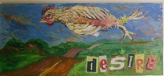 E. Tilly Strauss; Desire, Hen Floating Acro..., 2008, Original Painting Acrylic, 11 x 5 inches. Artwork description: 241  A panel of wood painted with collage letters. . .Lively colors understate a languid mood of one really lazy diva. ...