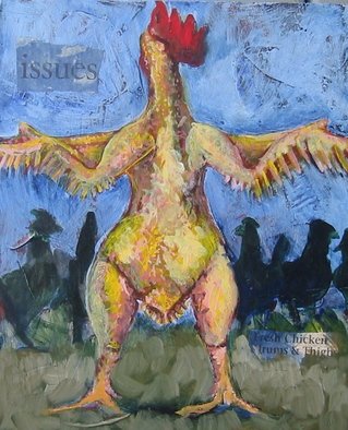E. Tilly Strauss; Issues, Naked Chicken Large, 2009, Original Painting Acrylic, 10 x 12.5 inches. Artwork description: 241  This is a larger version of a smaller piece. Painted on a wood panel- framed in an ornate gold frame, Some collage text in the background surface. Inspiration came from a repeated dream. Ever feel like you were naked in a clothed world? ...