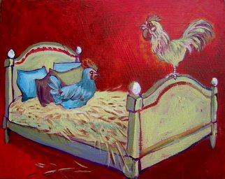 E. Tilly Strauss; The Visitation, 2010, Original Mixed Media, 10 x 8 inches. Artwork description: 241  chicken, hen, nest, egg, rooster, poetry, colorful, bird, bed, interior, relationships, romance, ...