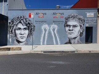 Tim Guider; Our Original Heroes Mural, 2022, Original Mixed Media, 10 x 5 m. Artwork description: 241 Recently Tim was able to create this mural in our new Prime Minister s electorate at the corner of Parramatta Rd and Crystal St Petersham, close to the Sydney CBD.  He collaborated with Aboriginal artist Frank Wright.  The mural features portraits of Barangaroo and Bennelong, two well- ...
