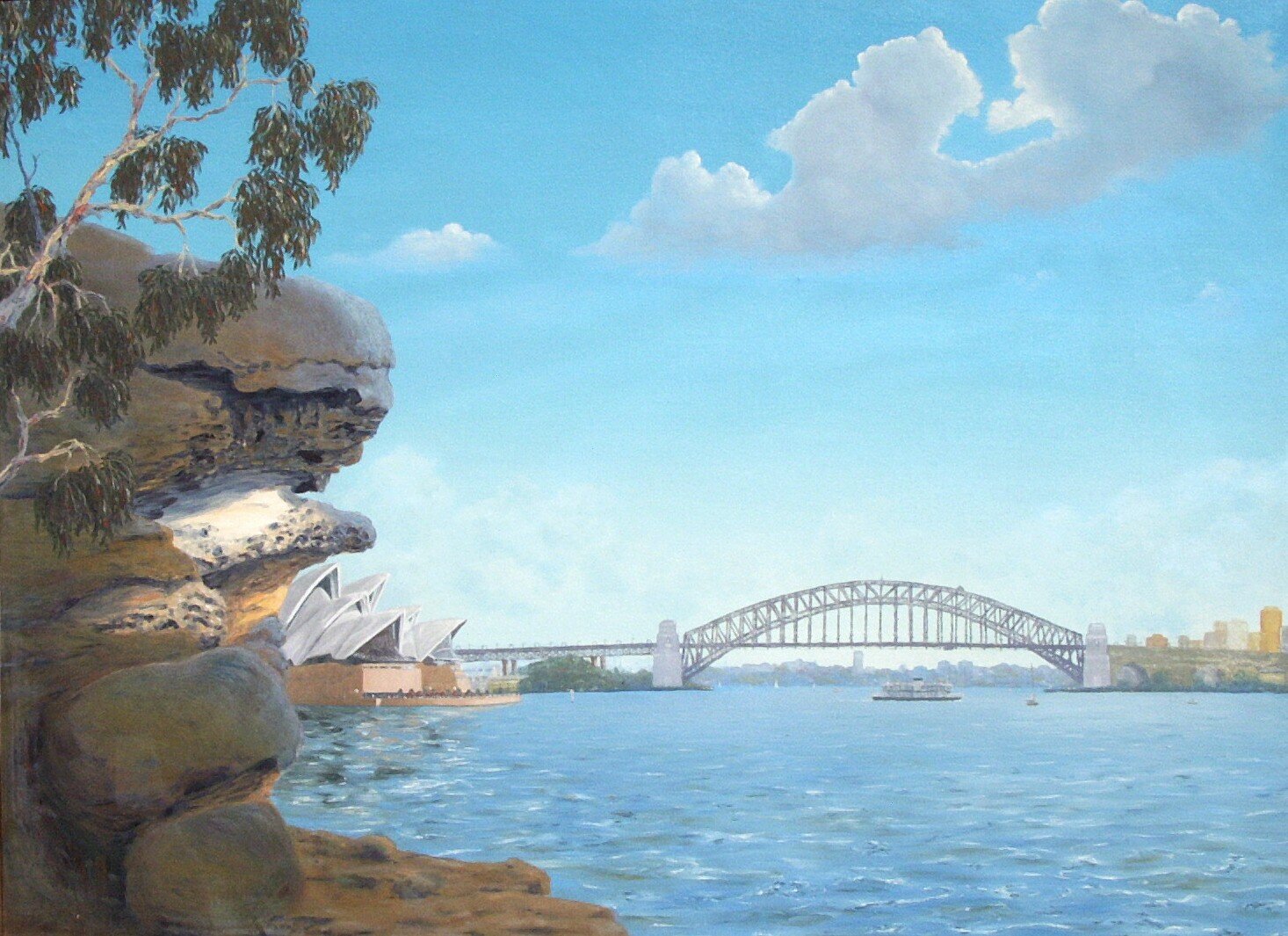 Tim Guider; Sydney Harbour With Sun B..., 1986, Original Painting Acrylic, 175 x 110 cm. Artwork description: 241 Inspired by the artists lengthy trial and appeals eventually successful.  This work was painted in Silverwater Prison on a prison cotton bed sheet.  It expresses the way the law is able to be twisted via interpretation by an individual judge to lean to the side of the ...