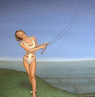 Tim Murphy; Frequent Flyer, 1999, Original Painting Oil, 24 x 24 inches. Artwork description: 241  trapeze, frequent, flyer, woman, shore, ocean, castle, chalk, circle, island, bunny, glow, sea, flight, float, fantasy, enlightenment, tim, murphy, Boston, dock, bird, calm, peaceful ...