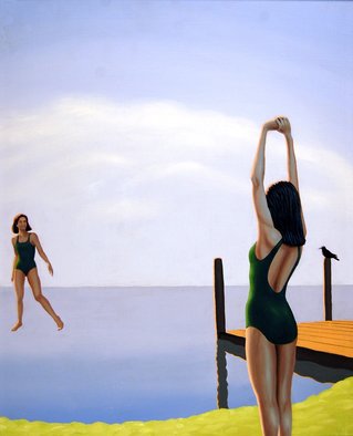 Tim Murphy; Ready, 2014, Original Painting Oil, 16 x 20 inches. Artwork description: 241  flying, woman, shore, ocean, sea, flight, float, fantasy, enlightenment, tim, murphy, Boston, dock, bird, calm, peaceful ...