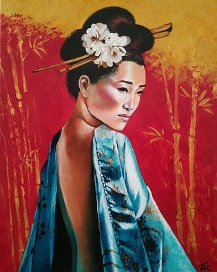 Krisztina T.Molnár; Harmony, 2020, Original Painting Acrylic, 80 x 100 cm. Artwork description: 241 AsiaaEURtms brilliant past appears on a traditional girl wearing a turquoise dress.  Turquoise encompasses the spirit, facing the human body, serenity and harmony, emotionality and intuition.  Red and gold, helps bring light and joy back to life, warms the house, and casts out evil spirits. ...