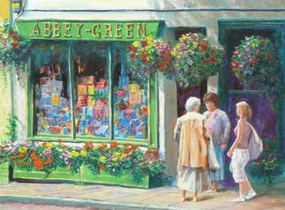 Tomas Omaoldomhnaigh; Chatting Abbey Green, BAth, 2012, Original Painting Oil, 24 x 20 inches. Artwork description: 241  Bath, United Kingdom, England, Shop front, ladies, women, shop, window, green,  ...