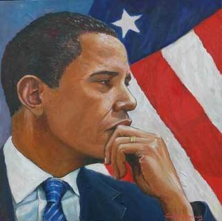 Tomas Omaoldomhnaigh; Obama In Reflection, 2009, Original Painting Oil, 50 x 50 cm. Artwork description: 241  Portrait of Obama with US Flag ...