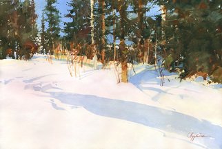 Sergei Kurbatov; Making The Way Through Th..., 2013, Original Watercolor, 21.5 x 12.5 inches. Artwork description: 241  watercolor, winter, forest, sun, morning, landscape, Russia...