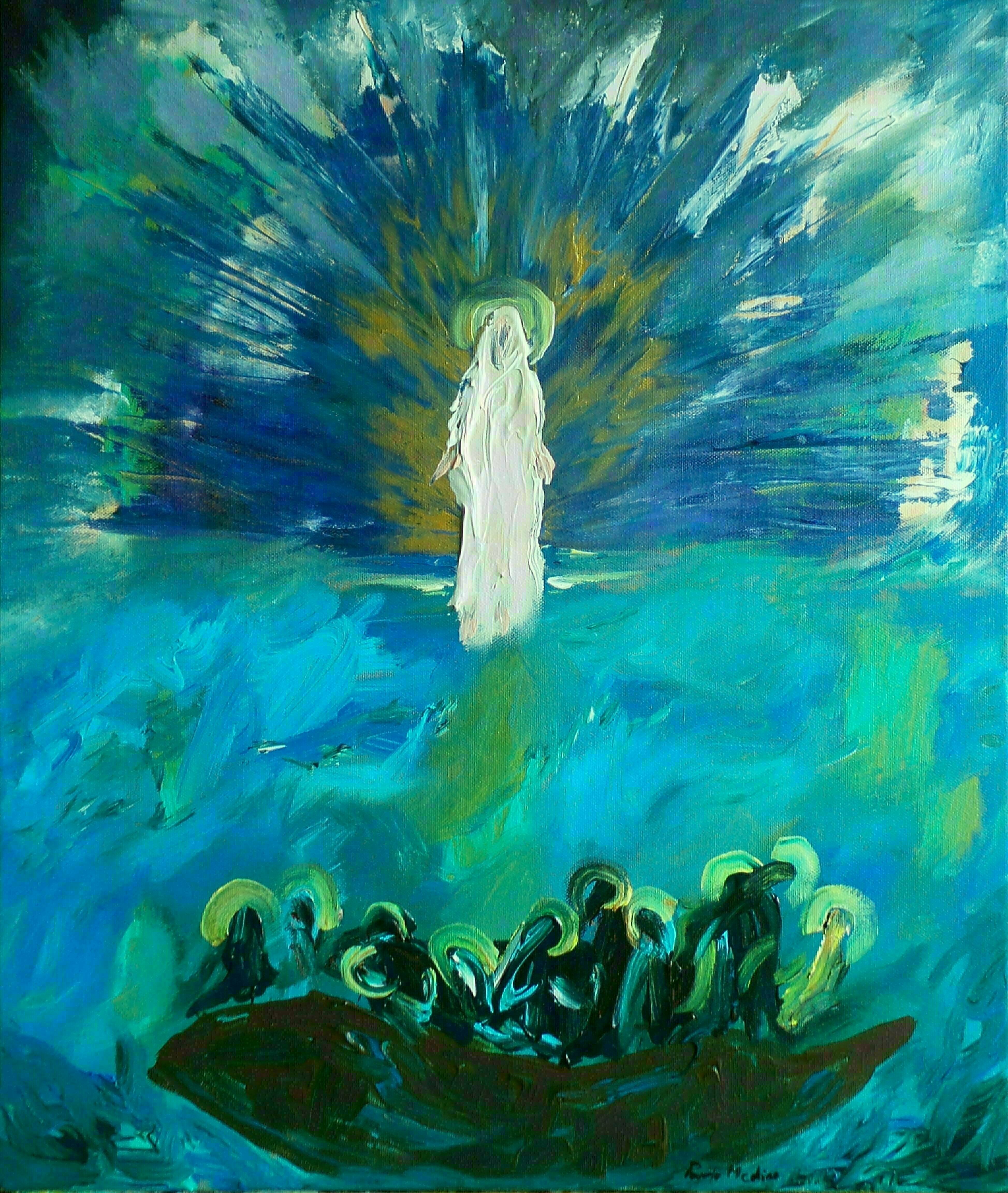 Paulo Medina, 'Fearful Apostles', 2021, original Painting Acrylic, 50 x 60  cm. Artwork description: 2448 And they seeing him walking upon the sea, were troubled, saying It is an apparition.  And they cried out for fear.  Mt 14, 26...