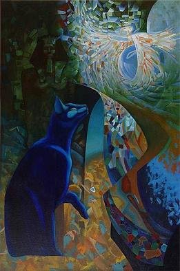 Oleg Lipchenko; Blue Cat, 2005, Original Painting Oil, 36 x 24 inches. Artwork description: 241  A man' s dream depends on his soul' s desire to have a pleasent one. This painting, like some others, is a guide through a dream. The blue cat represents one' s soul, where at first it is in darkness with a pharaoh, who symbolises a nightmare, ...