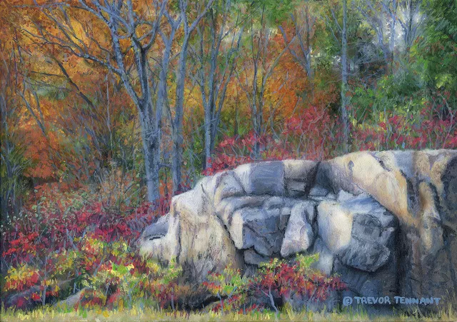 Trevor Tennant; Autumn Blue, 2017, Original Painting Acrylic, 10 x 7 inches. Artwork description: 241 Landscape autumn setting of rock and trees in nature...