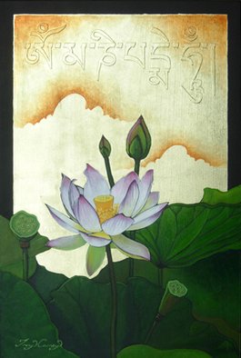 Troy Carney; The Jewel Is In The Lotus, 2008, Original Painting Oil, 13 x 19 inches. Artwork description: 241  Oil and 18kt gold leaf on wood. The writing in the gold leaf is Tibetan. Before I knew the translation I made the Tibetan Sanskrit and painted the Lotus. I could not wait for my monk friend from Nepal ( who will be teaching me Tibetan Sanskrit in ...