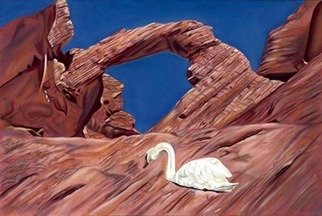 T. Smith; Swan Song, 2006, Original Painting Oil, 36 x 24 inches. Artwork description: 241 The setting of this small landscape is the 'Valley of Fire' outside of Las Vegas, Nevada, a beautiful and austere environment of a natural rock bridge over a brilliant blue cloudless sky.  The only occupant in this fiery red landscape is a large white swan who sits ...