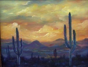 Valda Fitzpatrick, 'Arizona Sunset', 2019, original Painting Oil, 16 x 20  . Artwork description: 1911 I often visit Arizona for its beautiful tropical scenery.  The sunsets are in its full and colorful glory.  In this painting, I tried to capture the evening yellow and orange sky contrasting the darker scenic evening view with visible city lights in the back ground.  The mountain ...