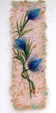Valda Fitzpatrick, 'Blue Flower 2', 2019, original Paper, 6 x 20  . Artwork description: 2307 This collection is designed by making my own handmade paper, which i start with a collection of material mostly found in my flower garden, which are dried, ground and added to the pulp.  Lastly some Spanish flax is added to form my sheets.When dry , they are ...